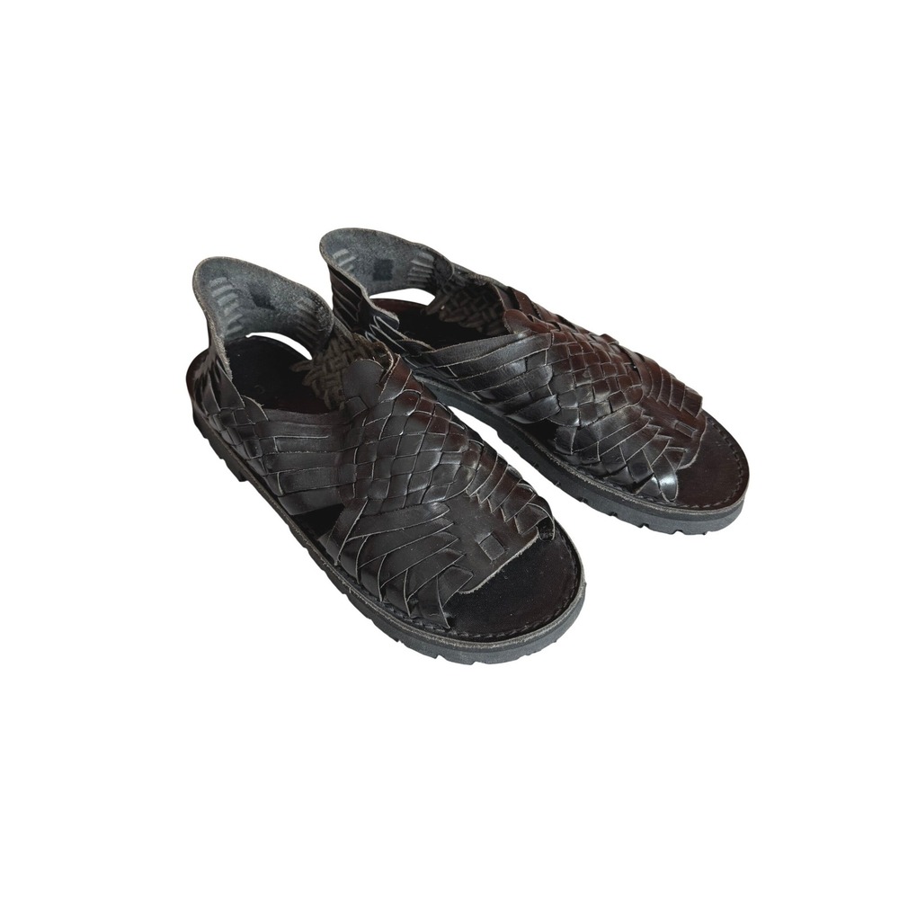 Brand X Huaraches Black Leather Woven Sandals Mexican Lug Sole Womens 8